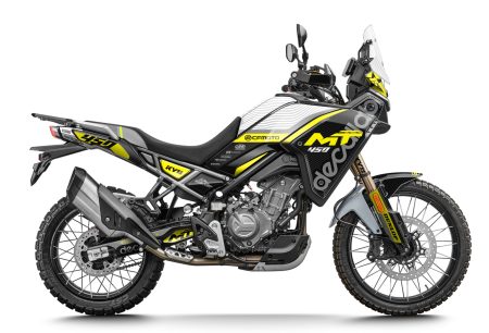 CFMOTO 450MT custom graphics kit mockup with yellow black white decals
