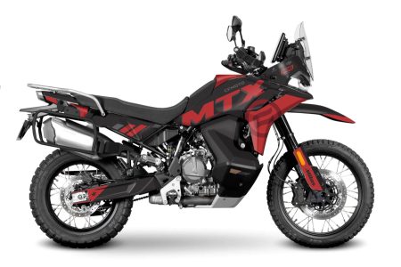 Side profile of a CFMOTO MTX 800 adventure motorcycle with matte black and red colour rally-style graphics on a white background.