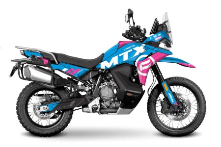 Side profile of a CFMOTO MTX 800 adventure motorcycle with cyan, magenta, and white rally-style graphics on a white background.