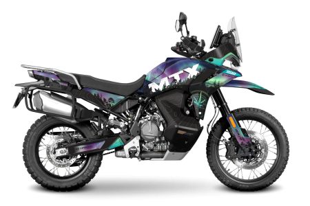 CFMOTO MTX 800 Aurora decal kit with northern lights, mountains, and forest inspired adventure graphics