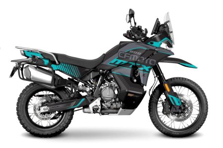 CFMOTO MTX 800 adventure motorcycle with custom Blazer graphics kit in blue, grey, and white rally-inspired design displayed in side profile.
