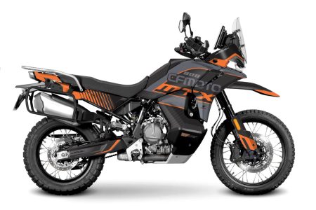 CFMOTO MTX 800 adventure motorcycle with custom Blazer graphics kit in orange, grey, and white rally-inspired design displayed in side profile.