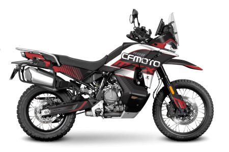 CFMOTO MTX 800 adventure motorcycle with custom Blazer graphics kit in red, white, and white rally-inspired design displayed in side profile.
