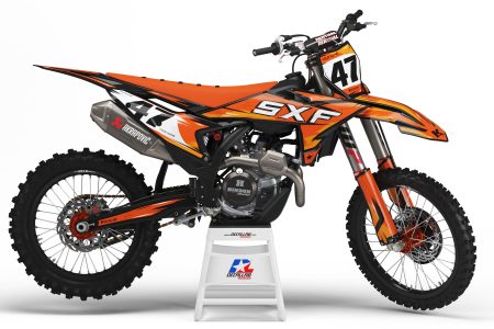 Sketch Orange motocross graphics kit in orange black and white on an off-road motorcycle