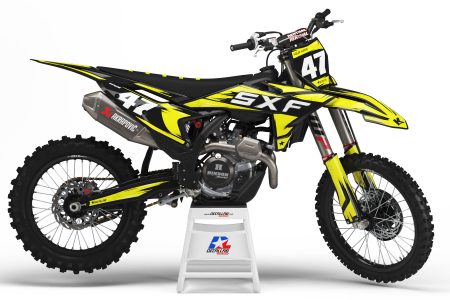 Sketch Orange motocross graphics kit in yellow black and white on an off-road motorcycle