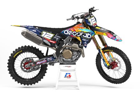 Spectrum Ducati Desmo MX motocross graphics kit with colorful blue, pink, yellow and black design