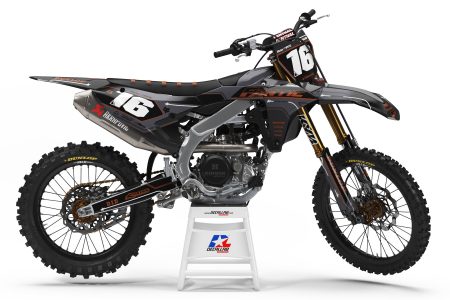 Fantic Sweep dirt bike graphics kit in grey black brown and white black red