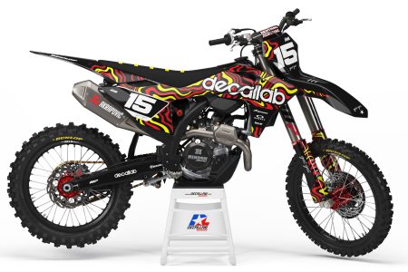 GASGAS dirt bike with custom Flow red black white yellow motocross graphics kit