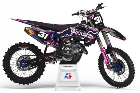 Husqvarna dirt bike with Flow custom black pink blue motocross graphics