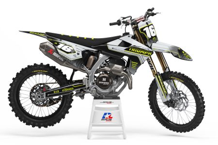 weep Triumph dirt bike graphics kit in grey and yellow
