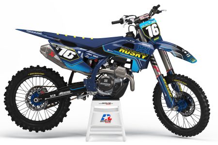 Husqvarna Sweep dirt bike graphics kit in blue black white and yellow