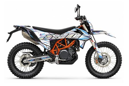 KTM 690 Lightning graphics kit in blue and white with sharp racing-inspired graphics
